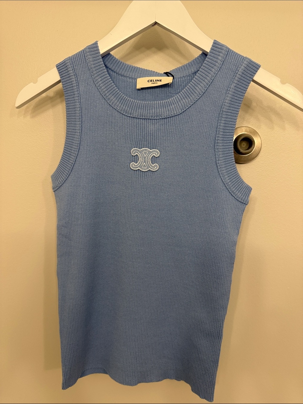 Celine Blue Ribbed Tank Top with Embroidered Logo